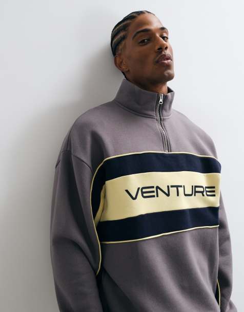 ASOS DESIGN sweatshirt oversize à demi-zip avec empiècements coupés-cousus, galon et imprimé en polycoton gris - view 1