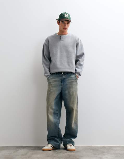 ASOS DESIGN sweatshirt oversize épais à col henley gris chiné - view 1