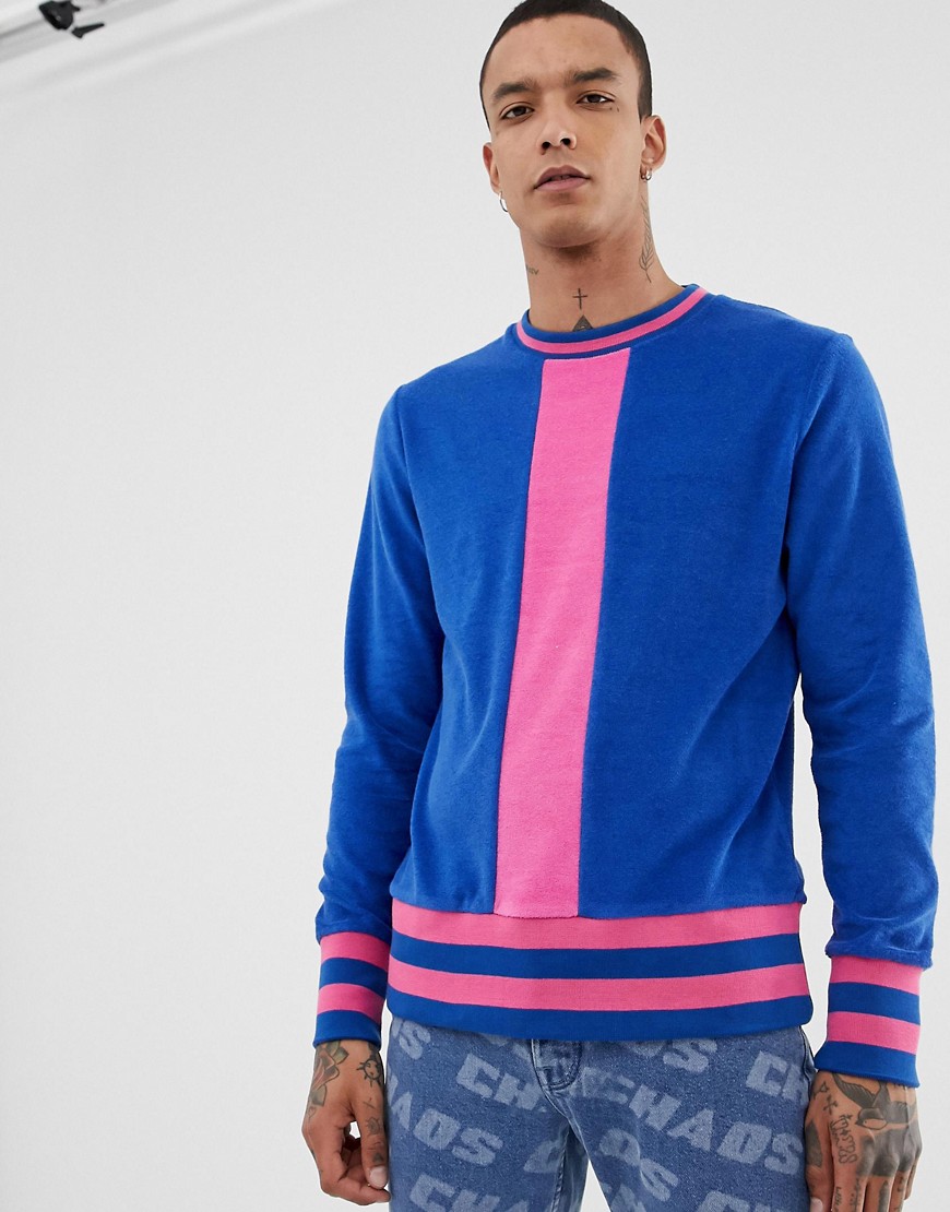 ASOS DESIGN - Sweatshirt van badstof met geribbelde strepen in blauw