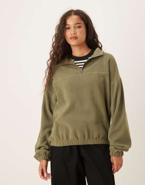 ASOS DESIGN - Sweatshirt van polar fleece met korte rits in kaki - view 1