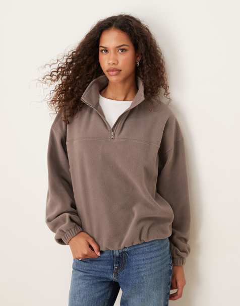 ASOS DESIGN - Sweatshirt van polar fleece met korte rits in taupe - view 1