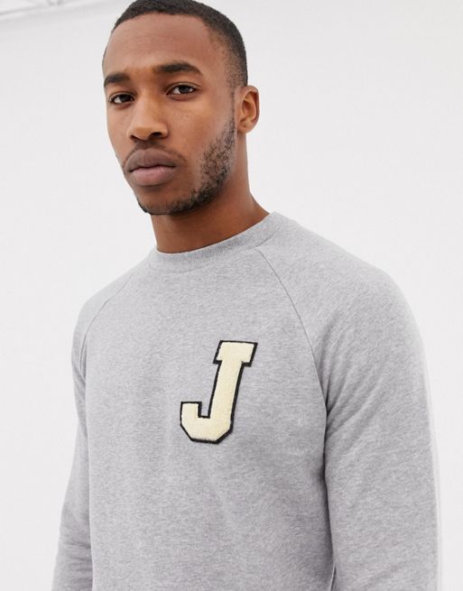 ASOS DESIGN sweatshirt with boucle letter patch and sleeve embroidery in  gray
