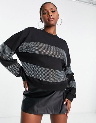 ASOS DESIGN sweatshirt with crystal hotfix stripes in black - BLACK