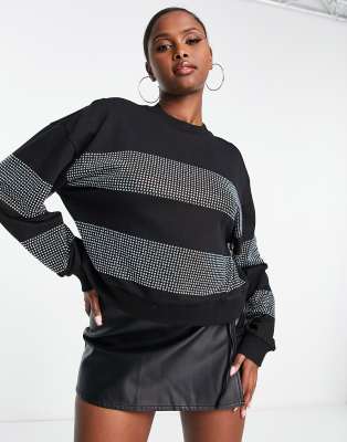 Asos Design Sweatshirt With Crystal Hotfix Stripes In Black - Black