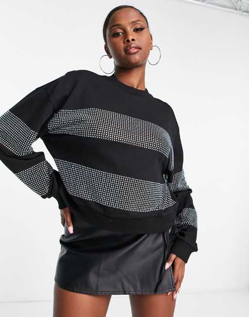 ASOS DESIGN sweatshirt with crystal hotfix stripes in black