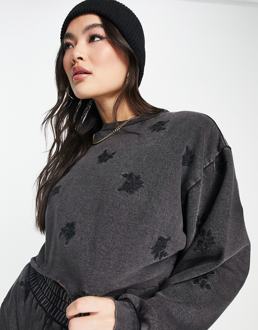 ASOS DESIGN sweatshirt with floral embroidery in washed black - part of a set