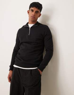 Asos Design Standard Fit Quarter Zip Sweatshirt With Collar In Black