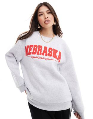 Asos Design Sweatshirt With Nebraska Graphic In Ice Heather-gray