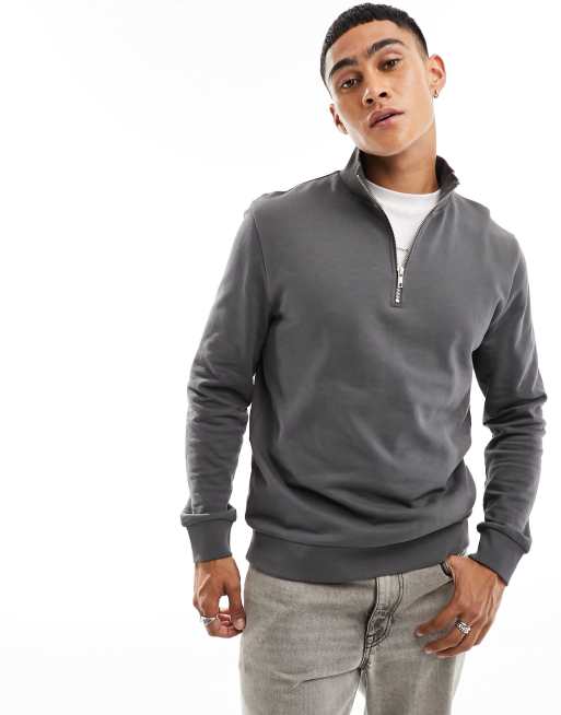 ASOS DESIGN sweatshirt with quarter zip in charcoal gray