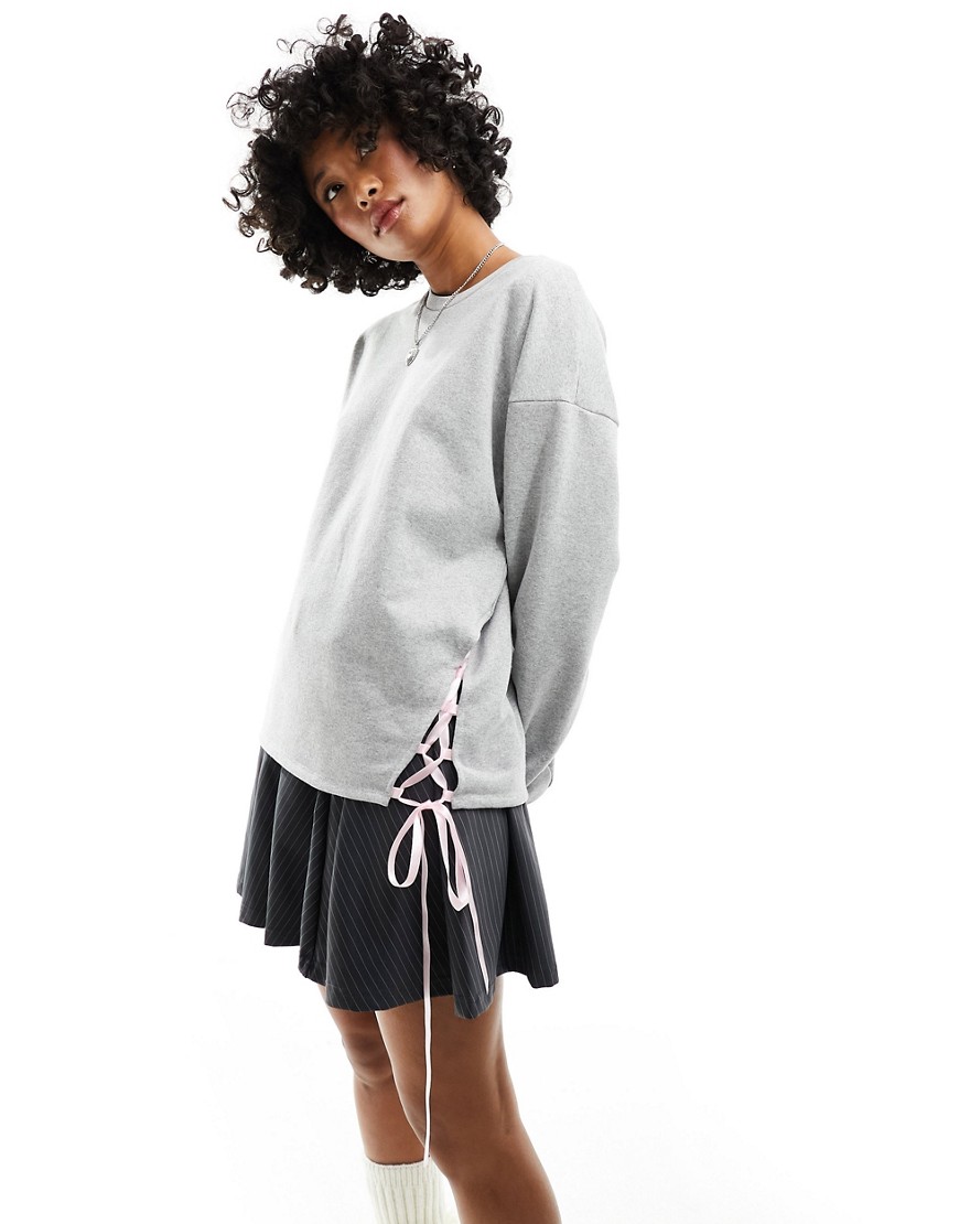 ASOS DESIGN sweatshirt with ribbon lace up detail in grey marl
