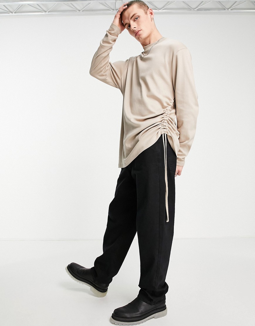 ASOS DESIGN sweatshirt with side ruching detail in beige-Neutral