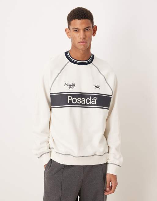 ASOS DESIGN sweatshirt with sporty stripes print and contrast stitching in off white