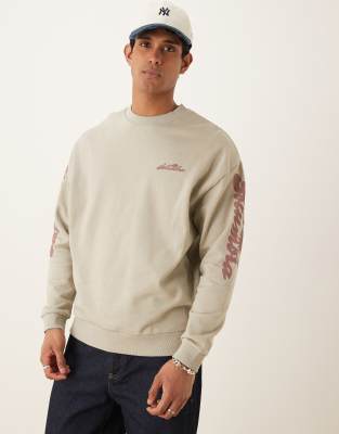 ASOS DESIGN sweatshirt with text sleeve prints in stone - view 1