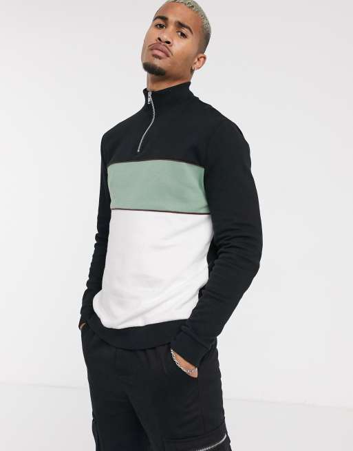 ASOS DESIGN sweatshirt with track neck & half zip with colour block ...