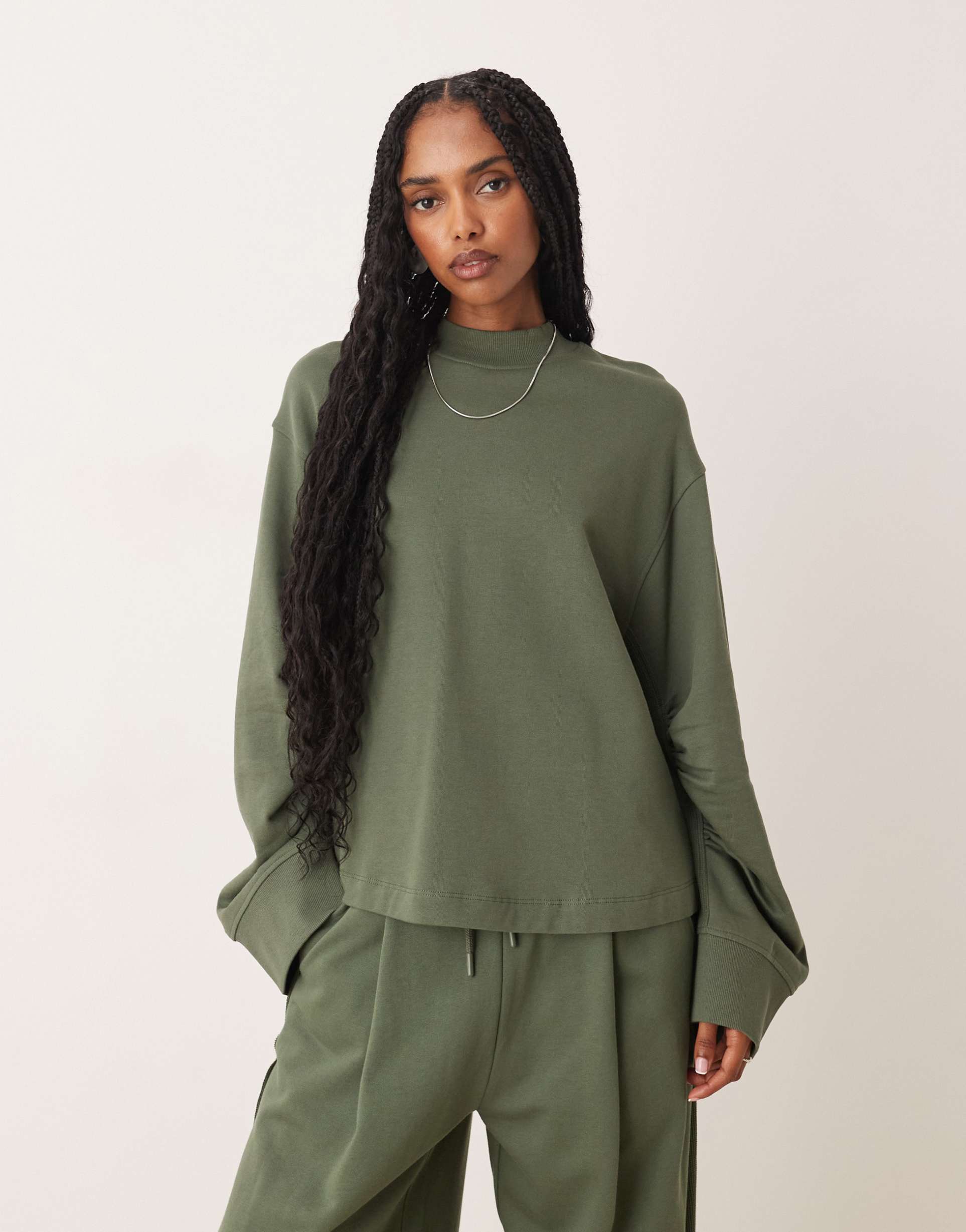 asos design sweatshirt with waffle panel detail in khaki - part of a set