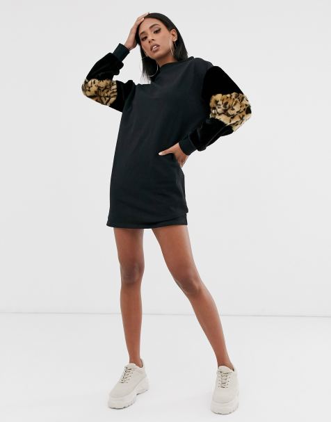 ASOS DESIGN – Sweatshirtkleid mit Leopardenmuster an den Ärmeln