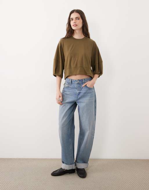 ASOS DESIGN sweattop met halflange mouwen in olijfgroen, 2 van 4