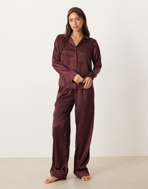 ASOS DESIGN - Sweet Dreams - Ensemble de pyjama en satin avec masque de nuit brodé assorti - Chocolat - view 1