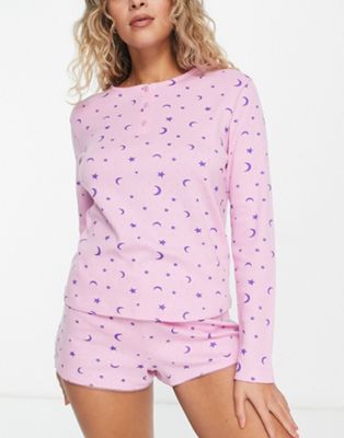 ASOS DESIGN sweet dreams pointelle henley top & short pyjama set in pink