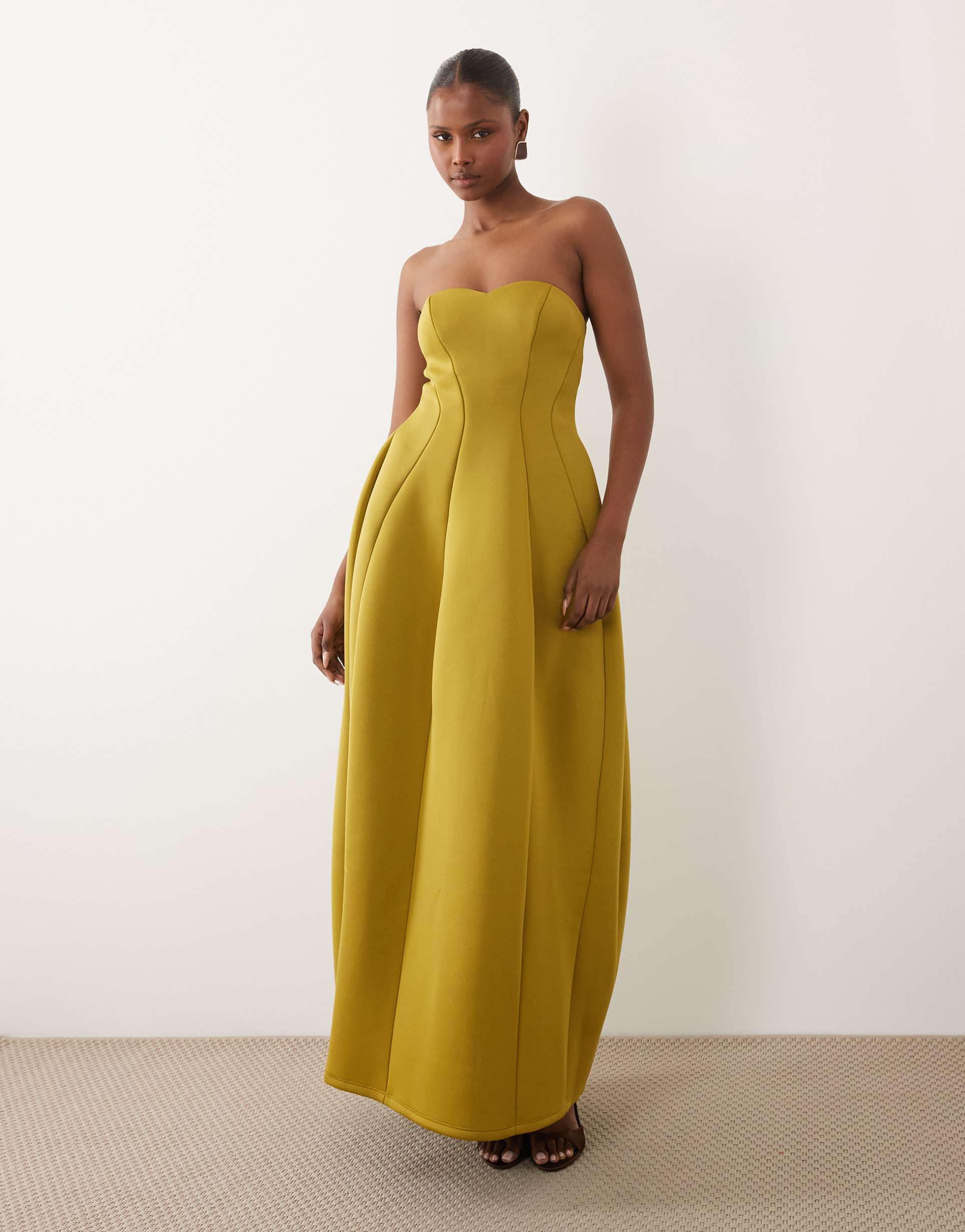 asos design sweetheart bandeau maxi dress with structured volume skirt in avocado scuba-style fabric