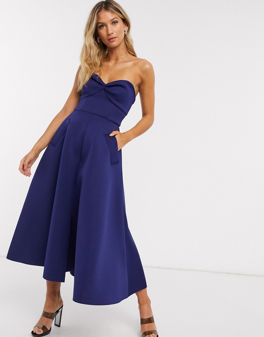 ASOS DESIGN sweetheart bandeau midi skater prom dress with pockets in navy