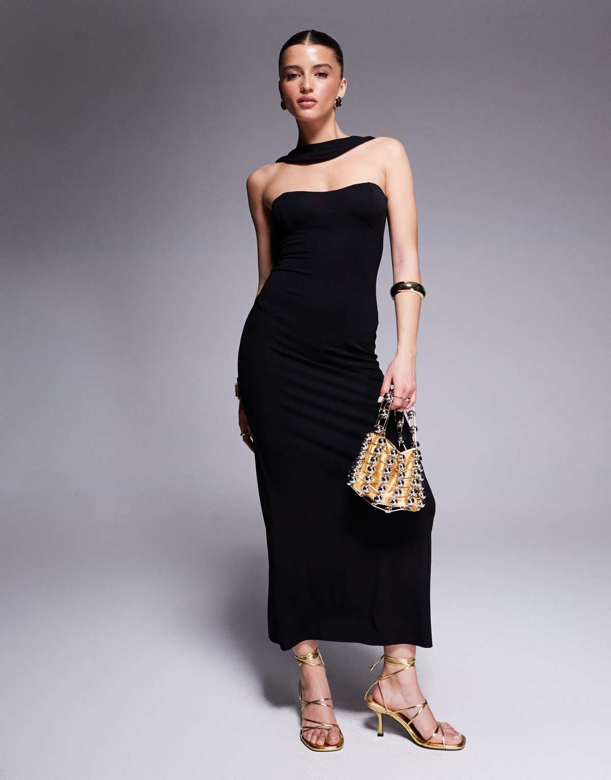 ASOS DESIGN sweetheart bandeau with faux scarf strap maxi dress in black