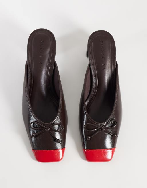ASOS DESIGN Sweetheart block heeled mules in chocolate and red, 2 of 5