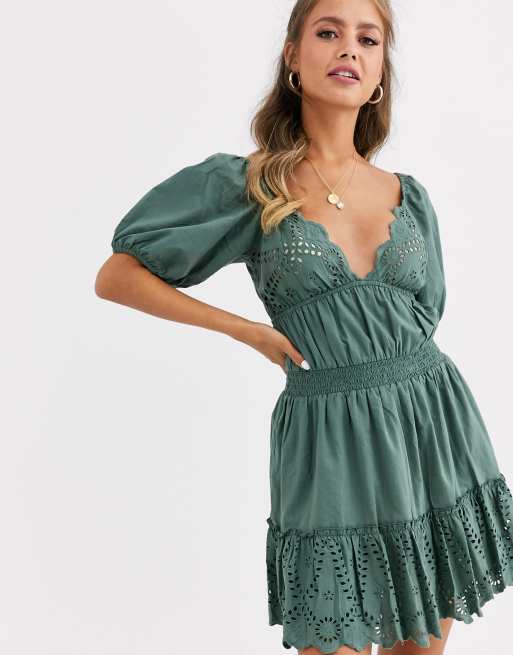 ASOS DESIGN sweetheart broderie mini dress with elasticated waist in khaki