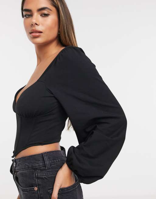 ASOS DESIGN off shoulder corset top with puff sleeve in black