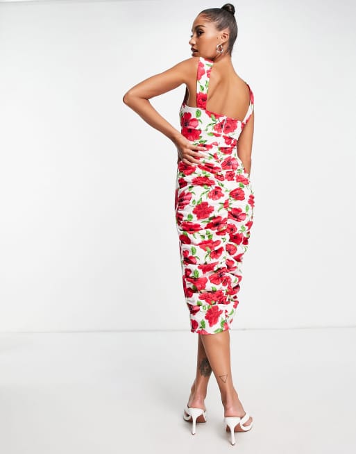 ASOS DESIGN sweetheart cupped ruched midi bodycon in floral print, 2 of 4