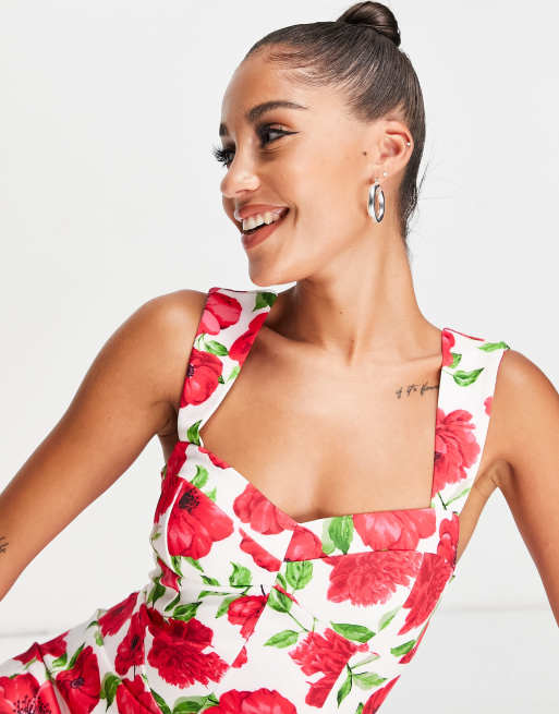ASOS DESIGN sweetheart cupped ruched midi bodycon in floral print, 3 of 4