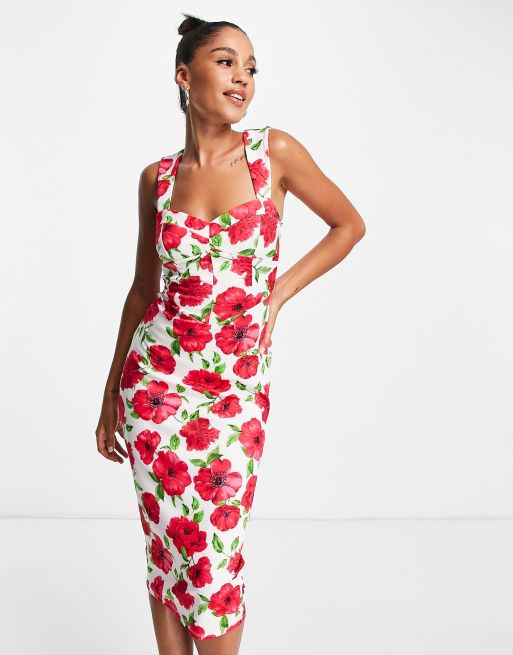 ASOS DESIGN sweetheart cupped ruched midi bodycon in floral print, 4 of 4