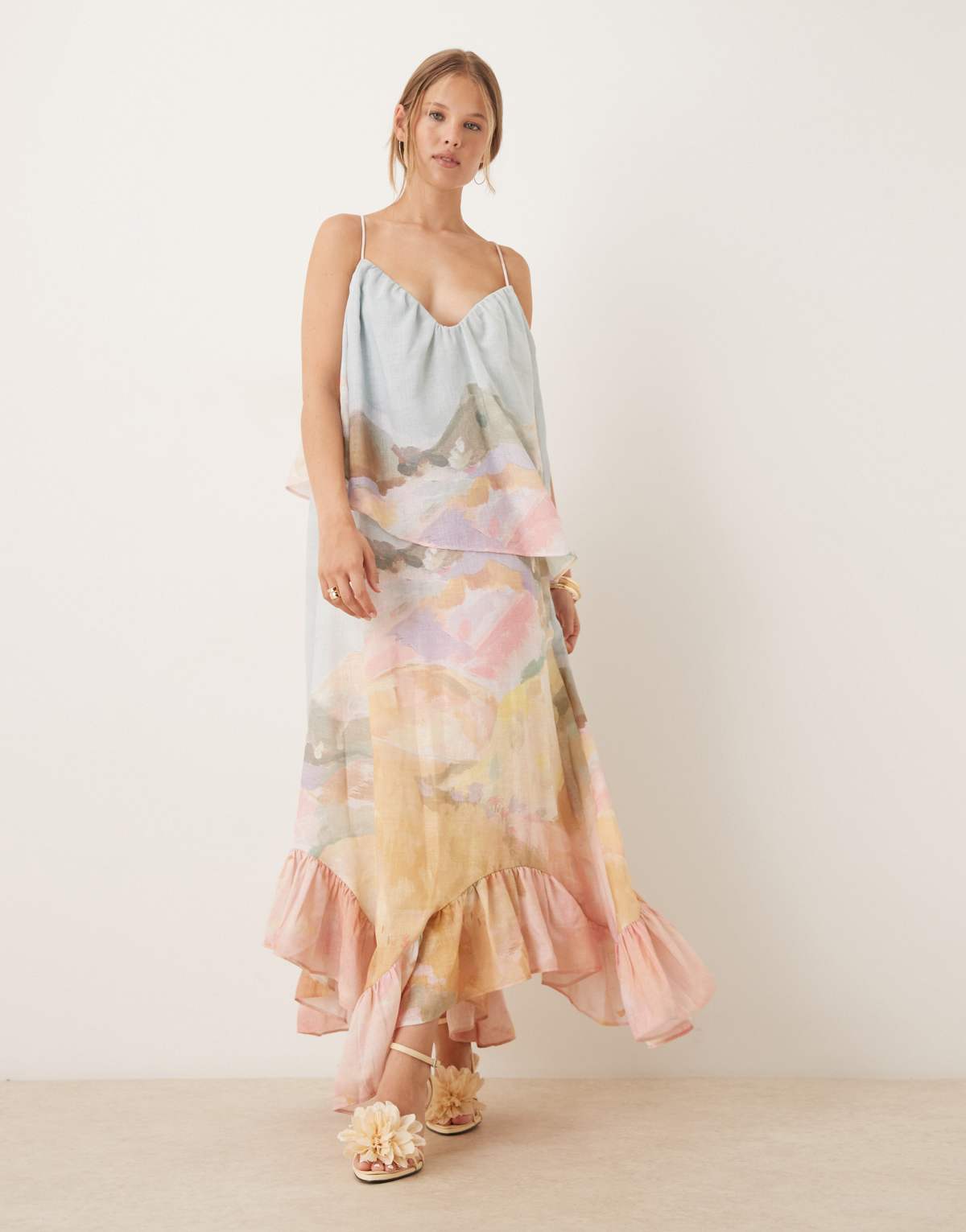 ASOS DESIGN sweetheart double layer volume maxi dress with pephem in landscape floral print