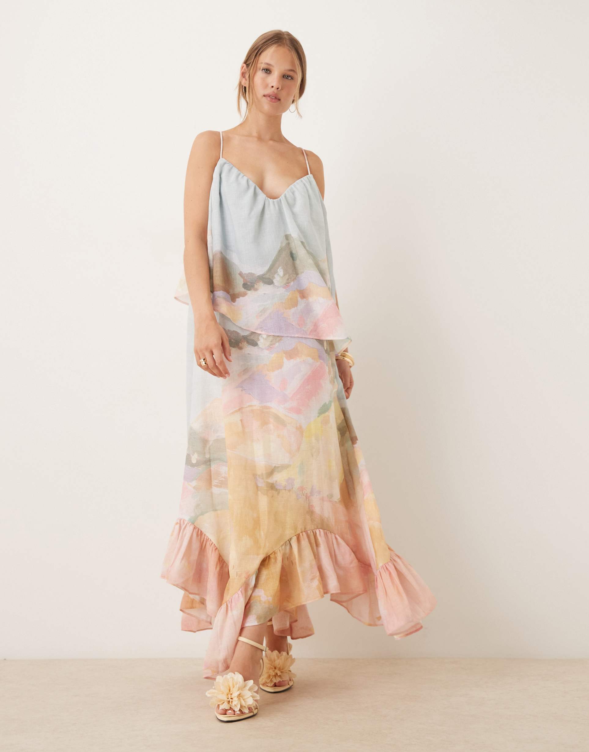 asos design sweetheart double layer volume maxi dress with peplum hem in landscape floral print