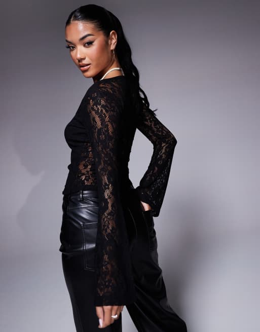 ASOS DESIGN sweetheart lace long sleeve top in black | ASOS