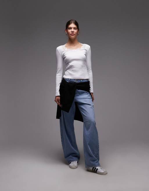 ASOS DESIGN sweetheart lace trim rib long sleeve top in ivory, 2 of 4