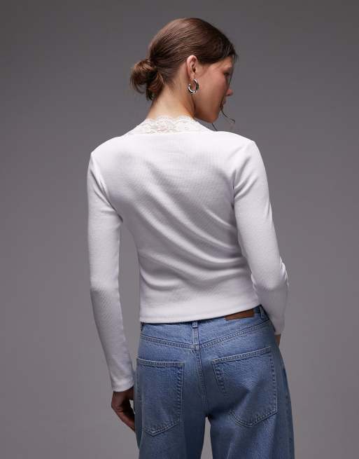 ASOS DESIGN sweetheart lace trim rib long sleeve top in ivory, 3 of 4