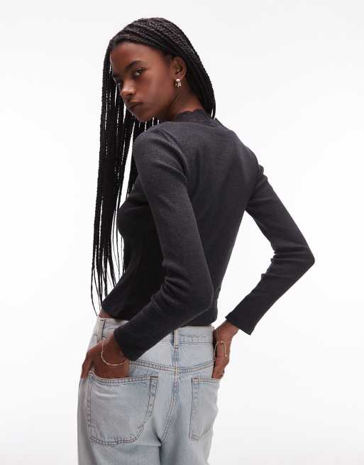 ASOS DESIGN sweetheart lace trim ribbed long sleeve top in charcoal, 4 of 4