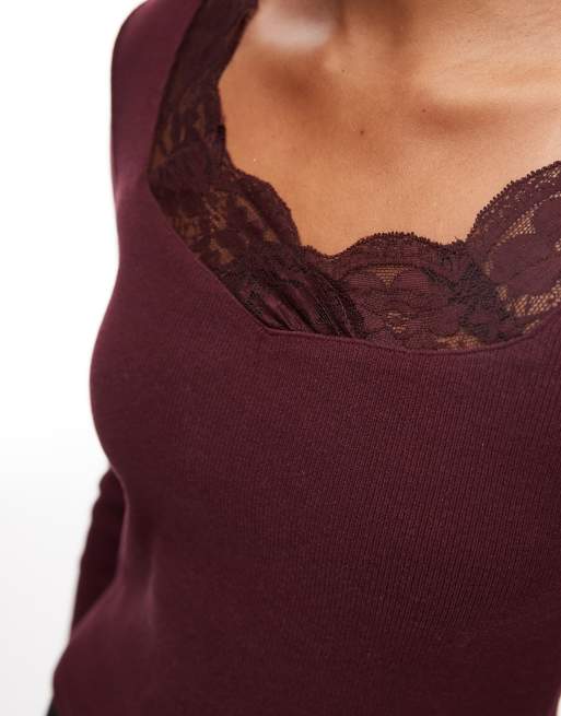 ASOS DESIGN sweetheart lace trim ribbed long sleeve top in plum, 3 of 4