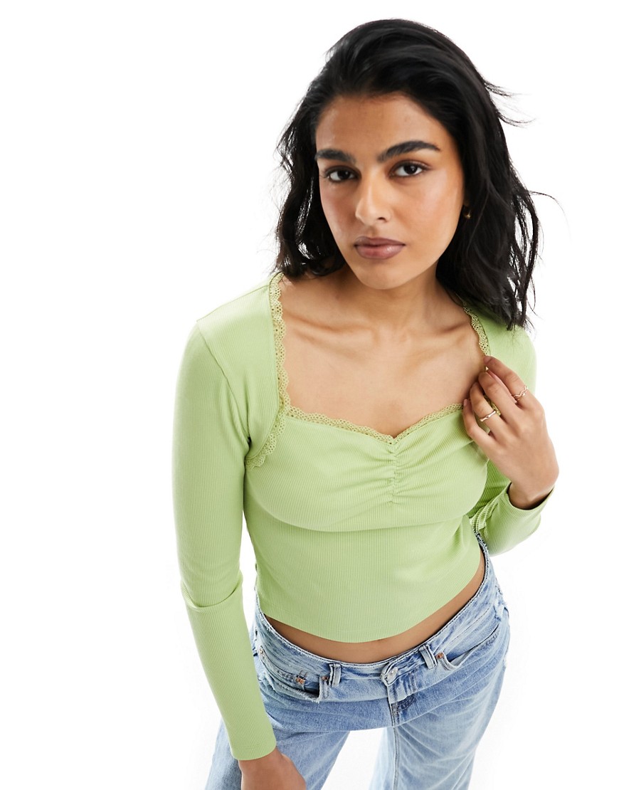 ASOS DESIGN sweetheart long sleeve top with picot trim in sage green