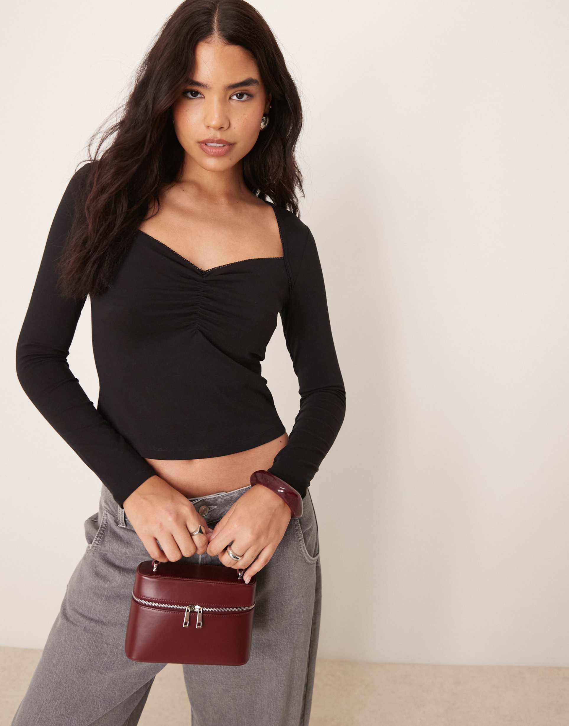 asos design sweetheart long sleeve top with ruching detail in black