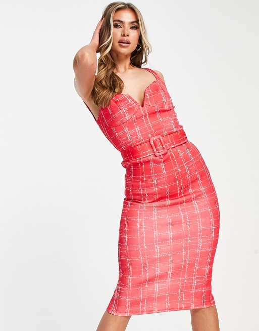 ASOS DESIGN sweetheart neck belted pencil midi dress in pink check