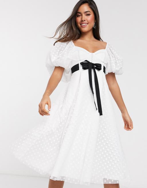 ASOS DESIGN sweetheart neck dobby midi prom dress with double tie belt in white