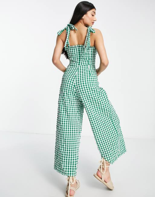 ASOS DESIGN sweetheart neck jumpsuit with tie shoulder in green