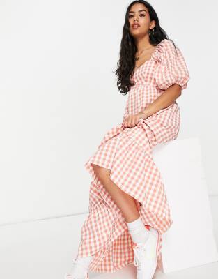 ASOS DESIGN sweetheart neck maxi dress with pephem in gingham-Multi