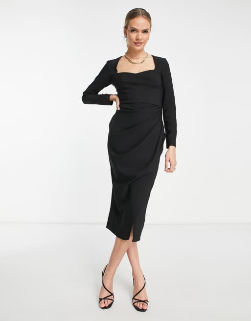 ASOS DESIGN sweetheart neck midi dress with ruched wrap skirt in black