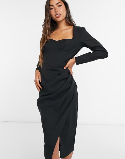 ASOS DESIGN sweetheart neck midi dress with ruched wrap skirt in black