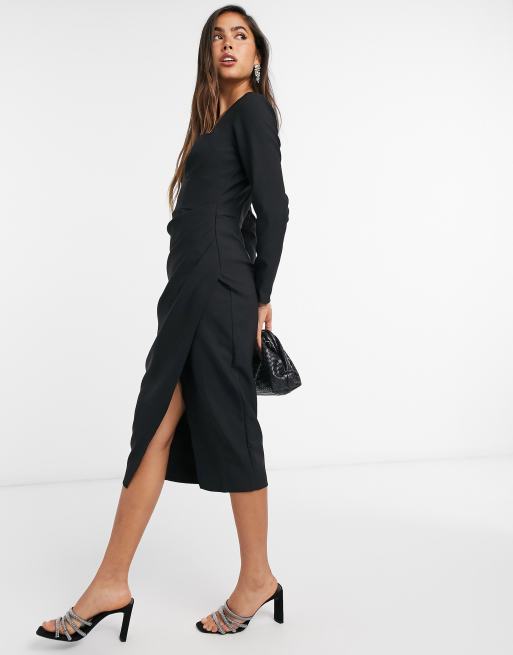 ASOS DESIGN sweetheart neck midi dress with ruched wrap skirt in black