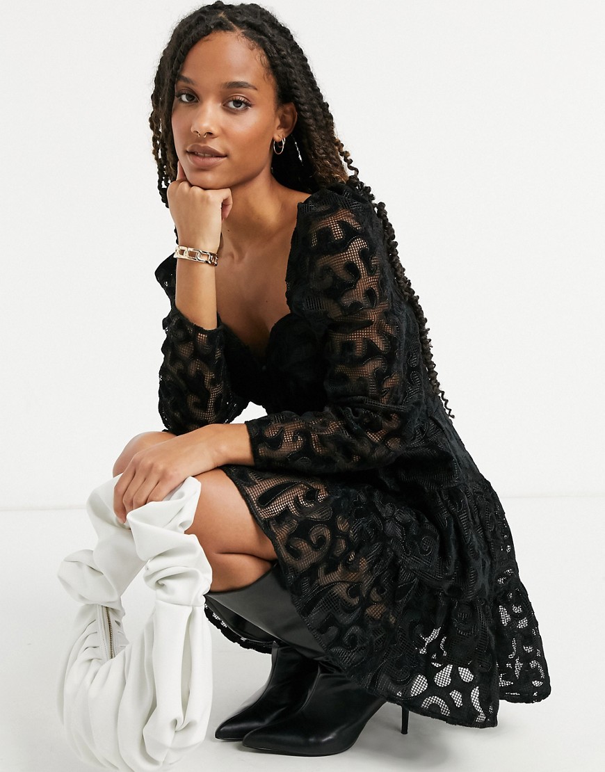 ASOS DESIGN sweetheart neck mini dress with lace velvet cutwork in black
