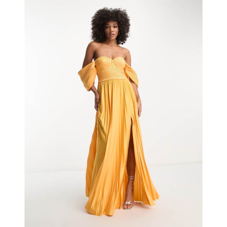 ASOS DESIGN sweetheart neck off shoulder pleated maxi dress in orange